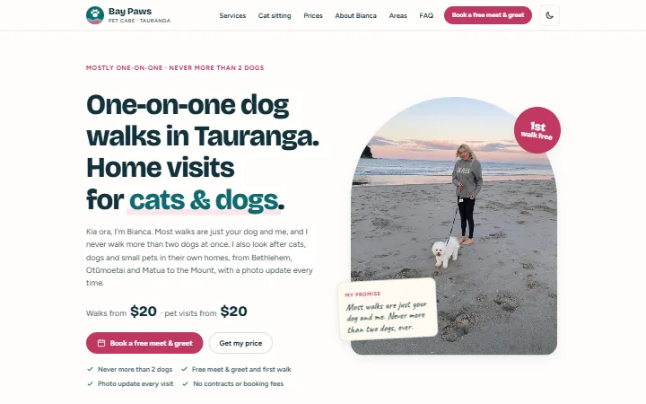 Bay Paws homepage: one-on-one dog walks in Tauranga, with booking buttons and a beach photo