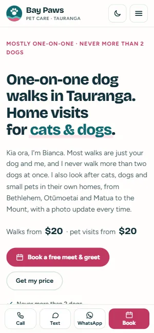 Bay Paws website on a phone, showing one-on-one dog walks in Tauranga