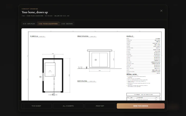 ELTOM Homes 3D builder showing a tiny home at dusk with the configuration panel and live NZD price