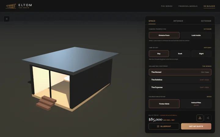 ELTOM Homes 3D builder showing a tiny home at dusk with the configuration panel and live NZD price