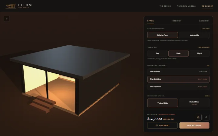 ELTOM Homes 3D builder showing a tiny home at dusk with the configuration panel and live NZD price