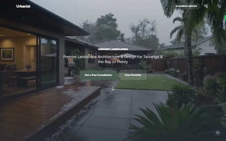 Urbanist Landscaping homepage with a cinematic garden video and a free consultation button