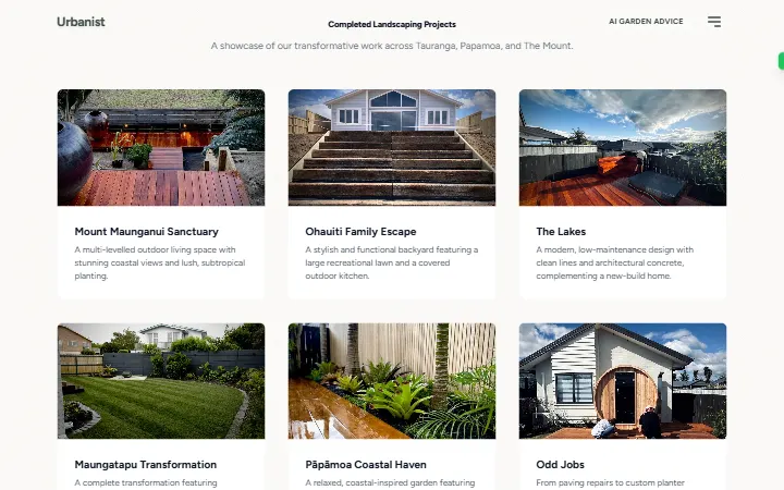 Urbanist completed projects grid including Mount Maunganui Sanctuary, Ohauiti Family Escape and The Lakes